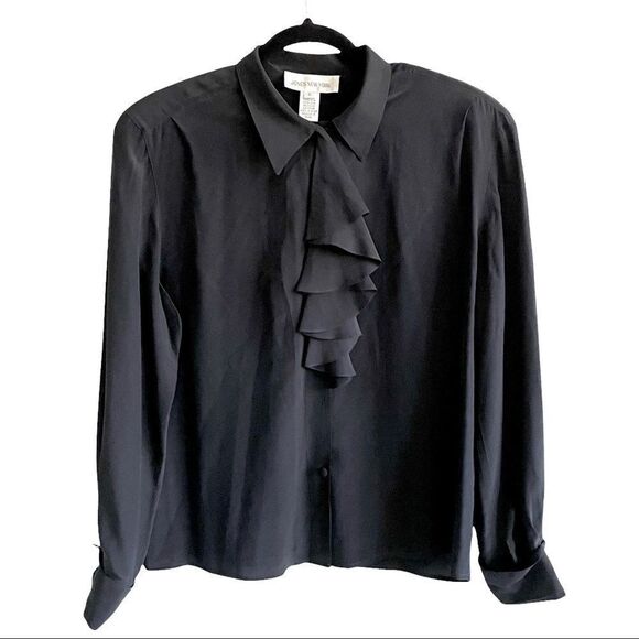 JONES NEW YORK Vintage Black Silk Button Front Ruffle Blouse 8 - Picture 1 of 9